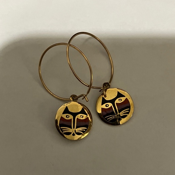 Whimsical Small Laurel Burch Gold Moon Cat Earrings with Colorful Accents - Picture 2 of 5